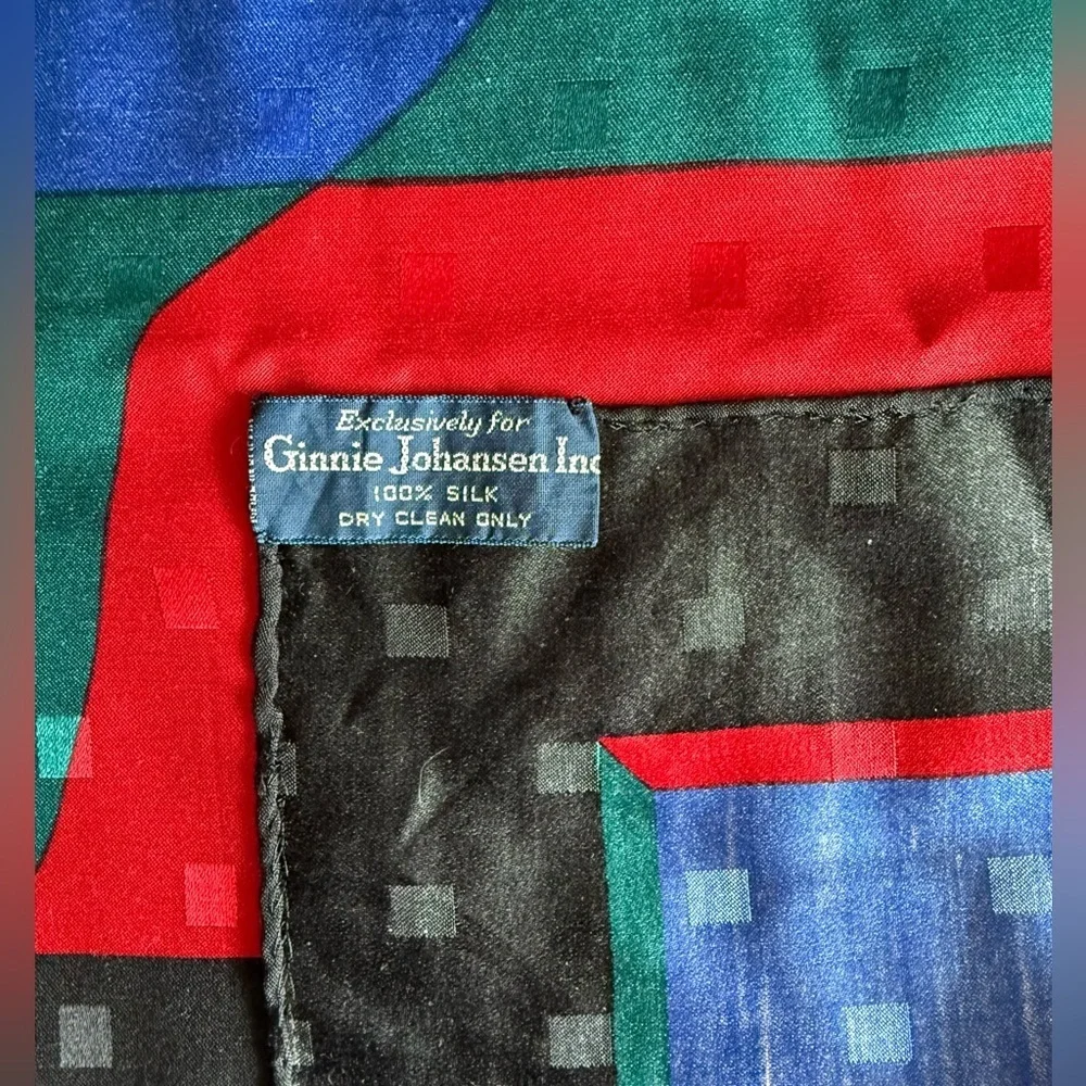 Ginnie Johansen Vintage Silk Scarf 35” Black Blue Green Red Rolled Edges